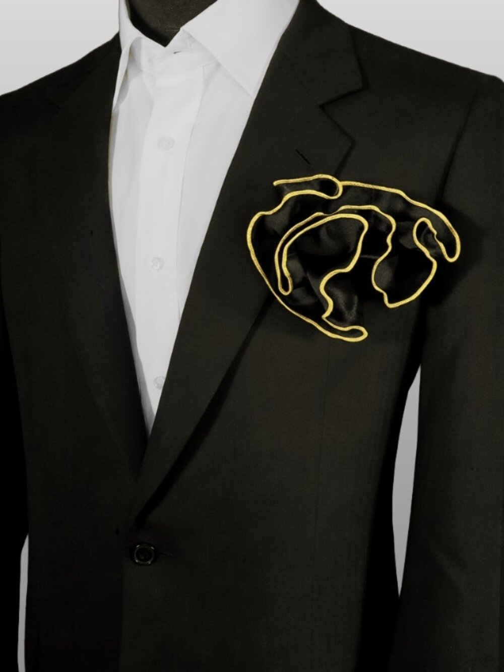 Black Satin 2-in-1 Pouf Round Pocket Square with Bright Gold Trim